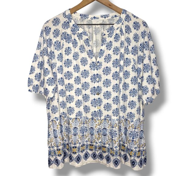 J Jill Womens V-Neck Blouse Top Large White Blue Floral Cottagecore Pheasant - Picture 1 of 3